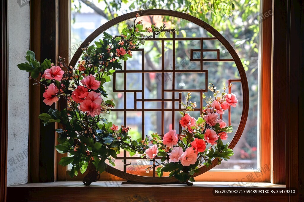 中式圆窗饰以娇艳花卉