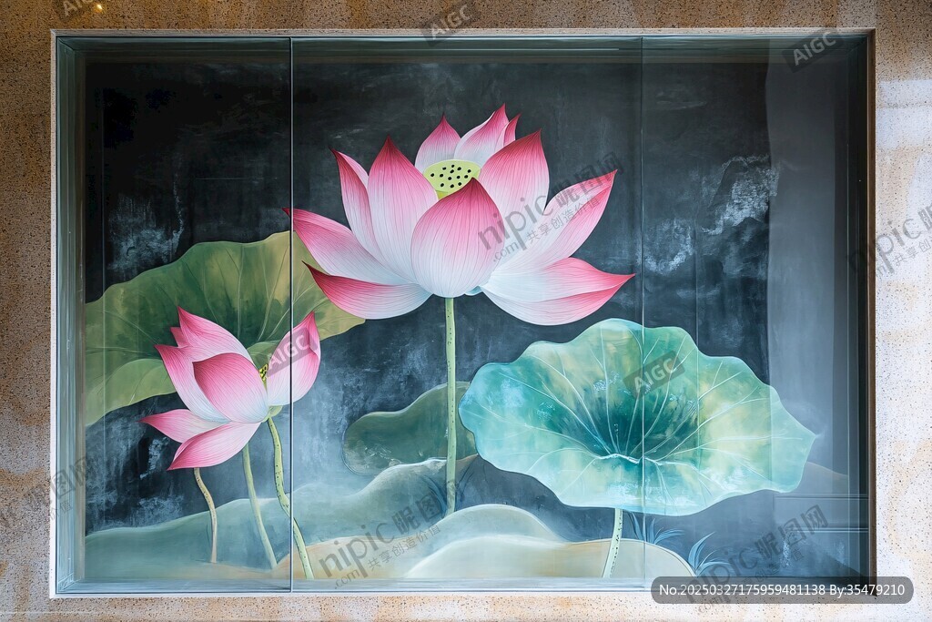 中式荷花壁画