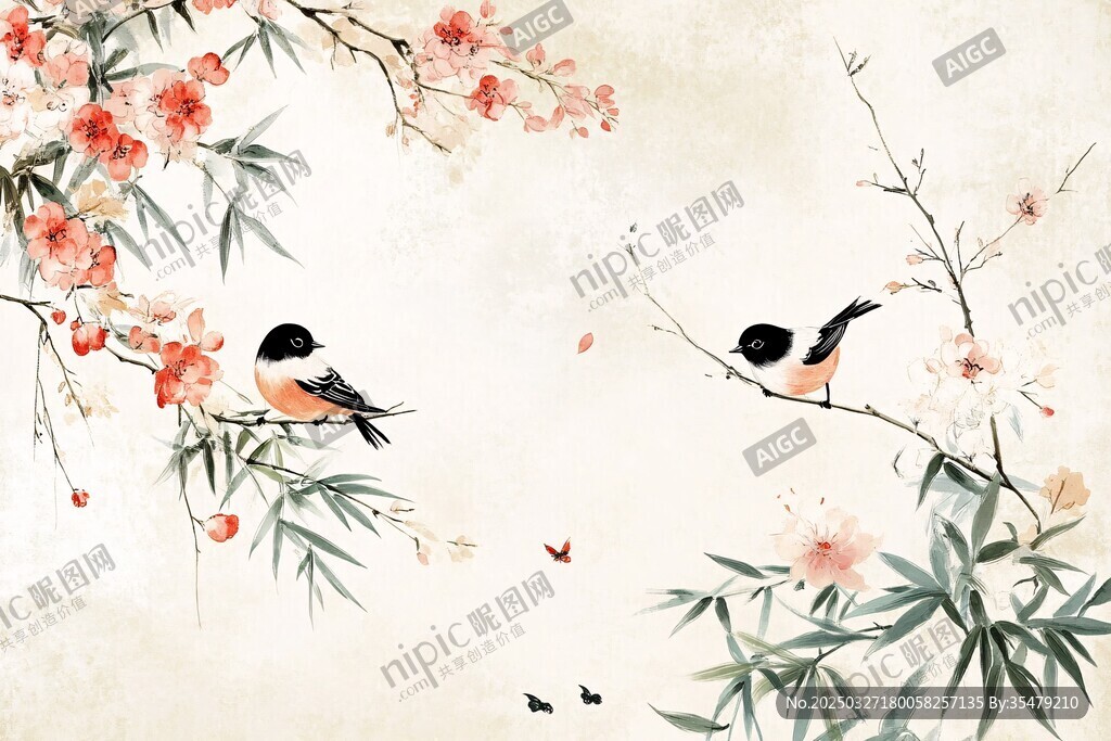 花鸟图中双雀栖于枝头