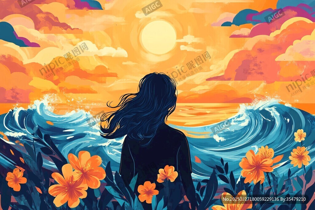 女子赏日落海景花海