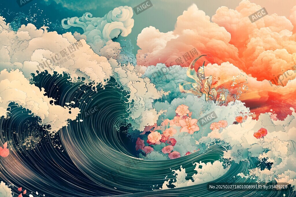 梦幻海浪与绚烂云朵图景