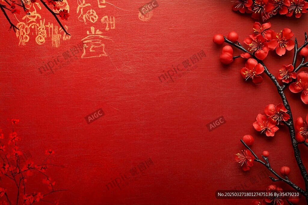 喜庆红背景上的梅花与福字