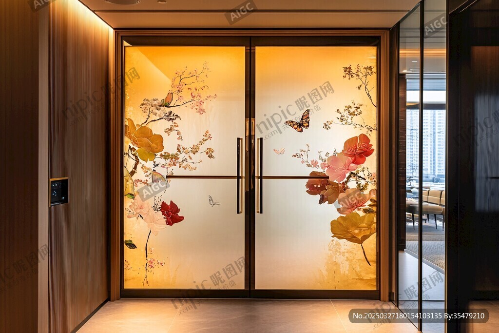 中式花鸟玻璃双开门