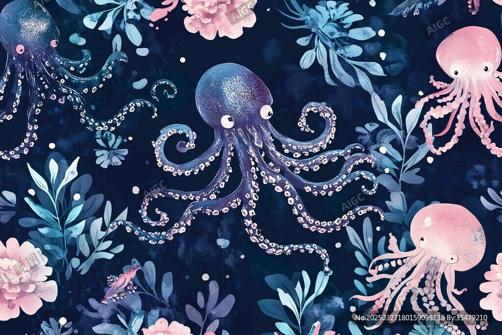 海洋梦幻章鱼花卉图案