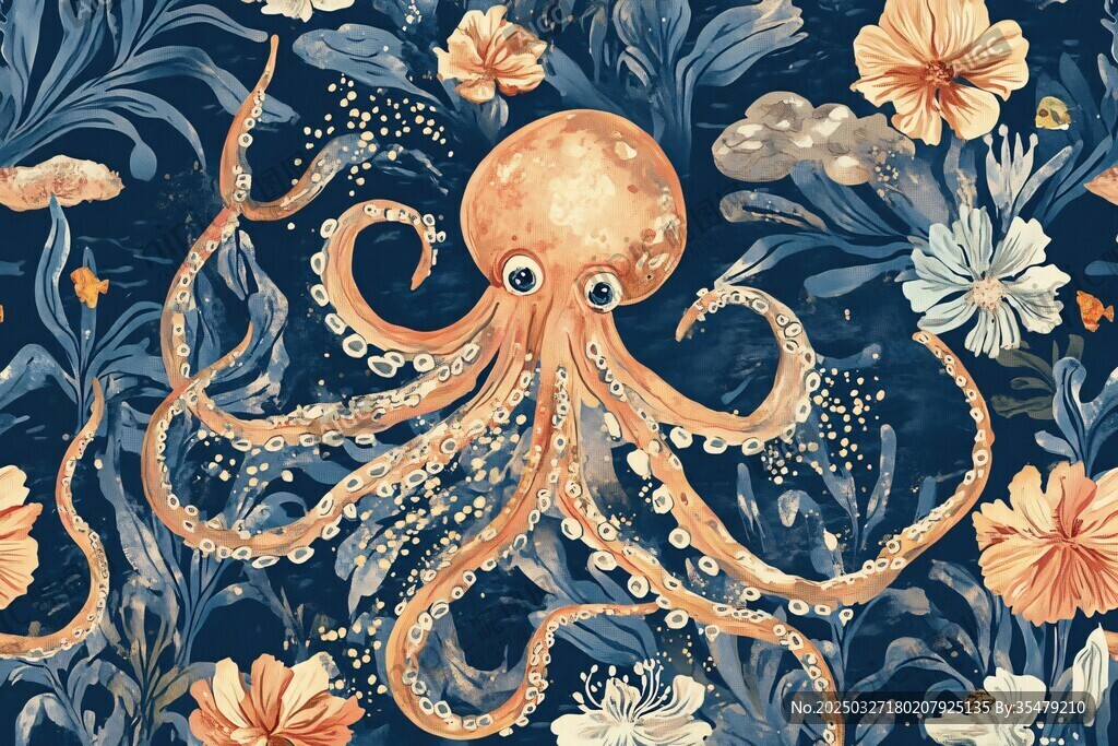 海洋章鱼花卉梦幻插画