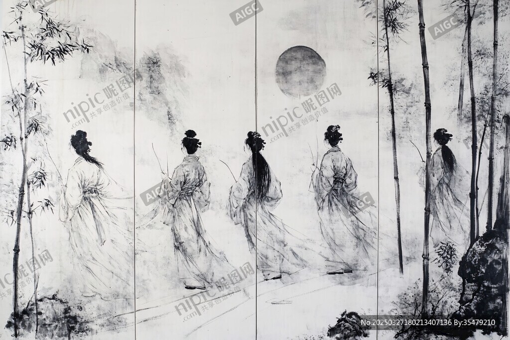 月下竹林中漫步的古装女子