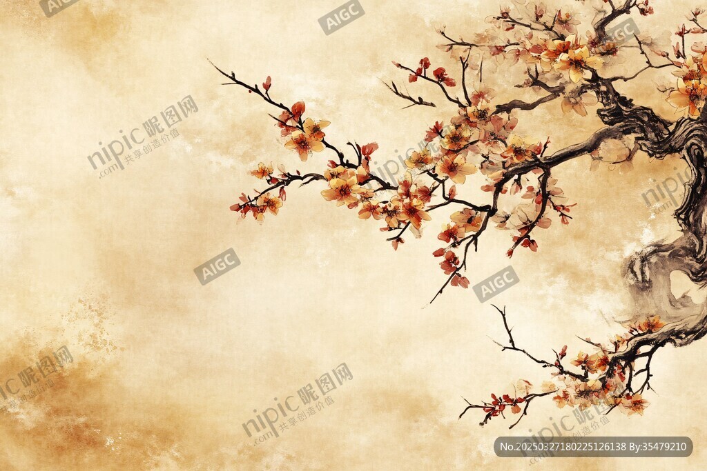 水墨梅花枝头绽放图