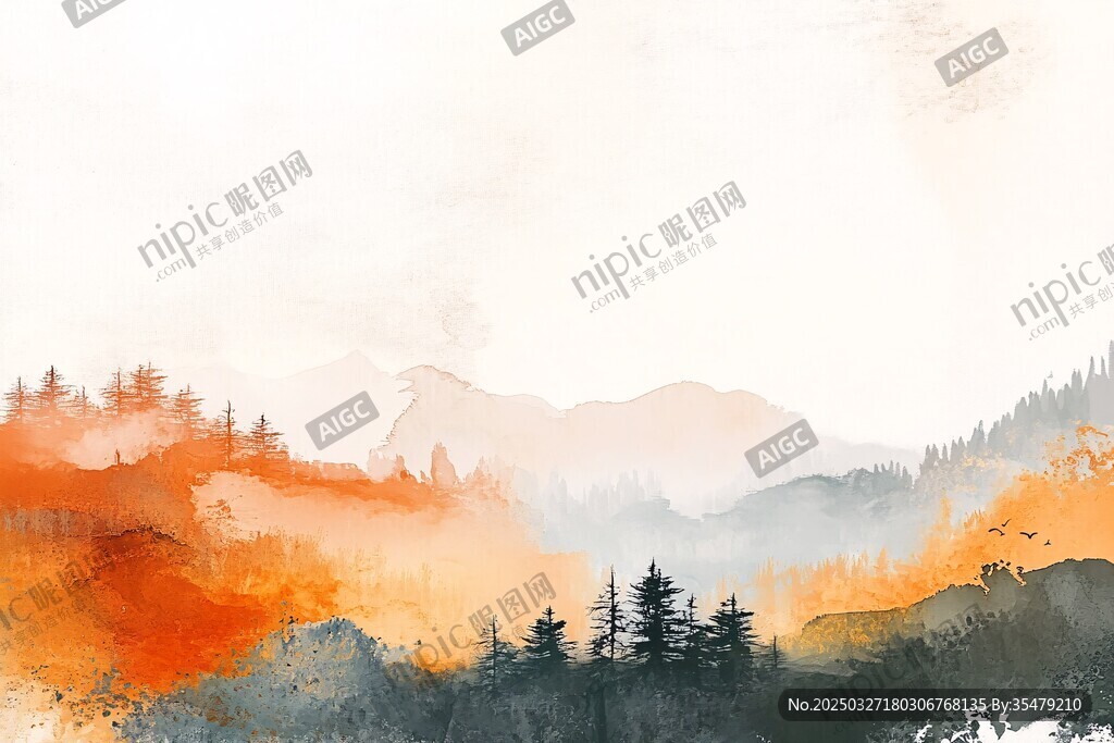 秋日山林水墨风景观