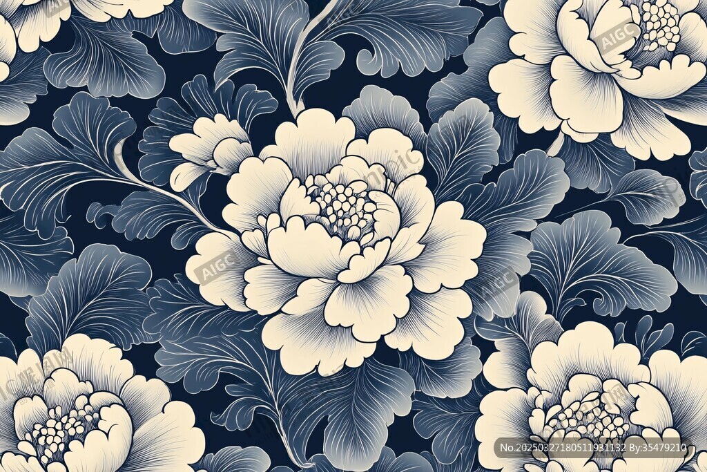 蓝白牡丹花卉图案纹理
