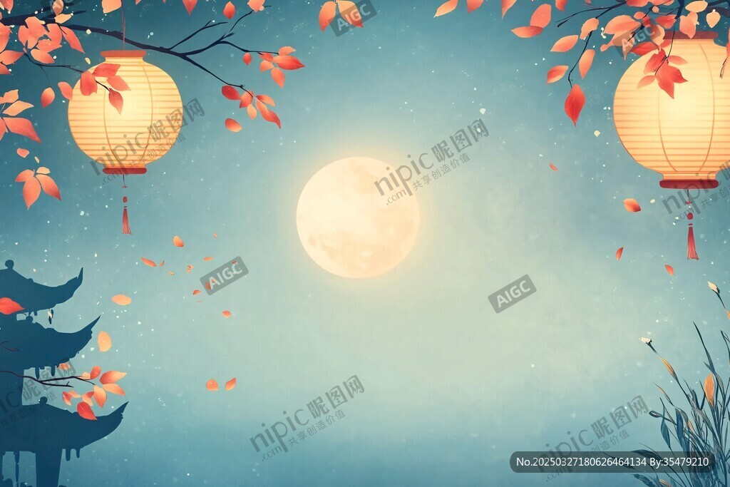 中秋月夜灯笼古建筑美景