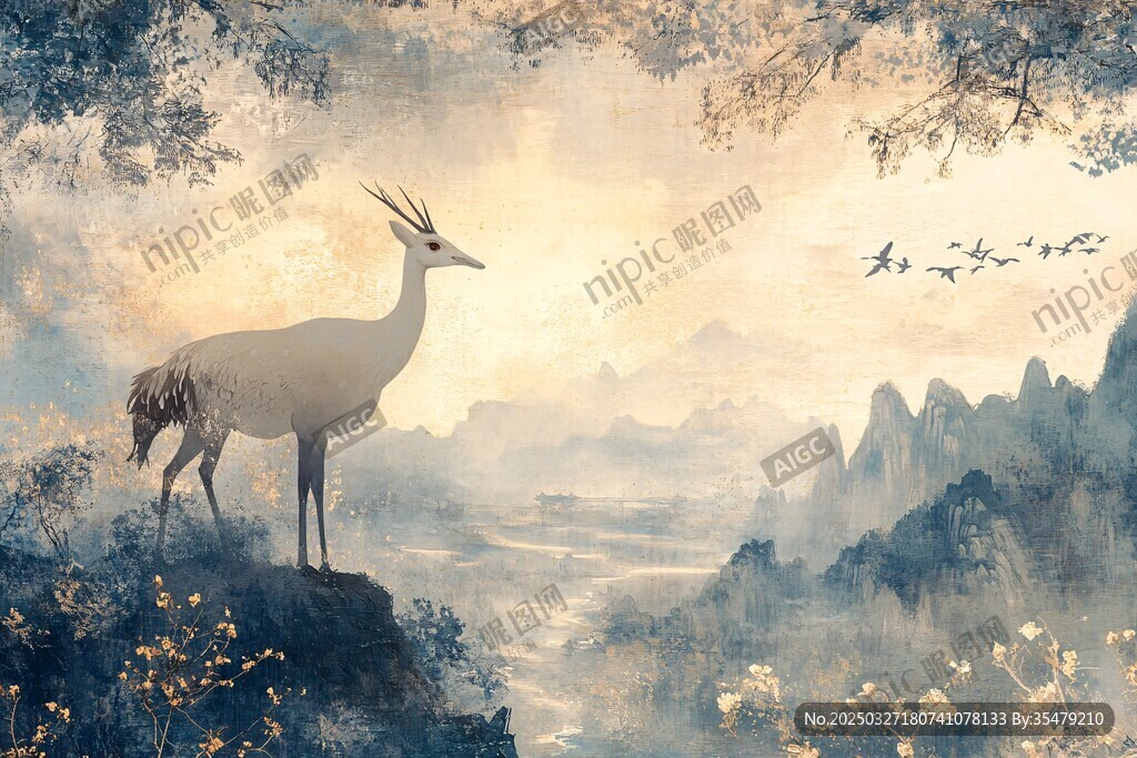 灵鹿立崖赏山水画卷