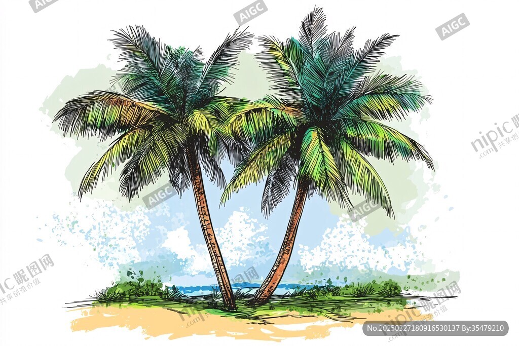 海边双椰树水彩插画
