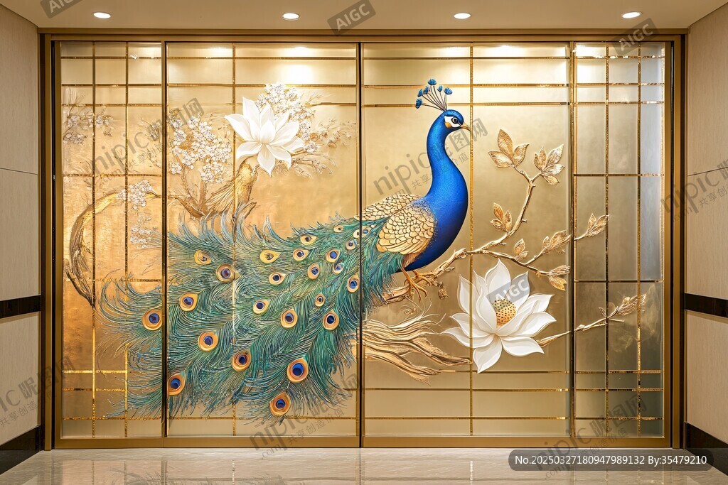 中式孔雀玉兰花玄关背景墙
