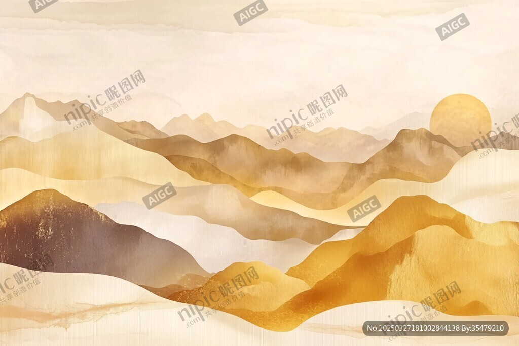 水墨风格山峦日出景观