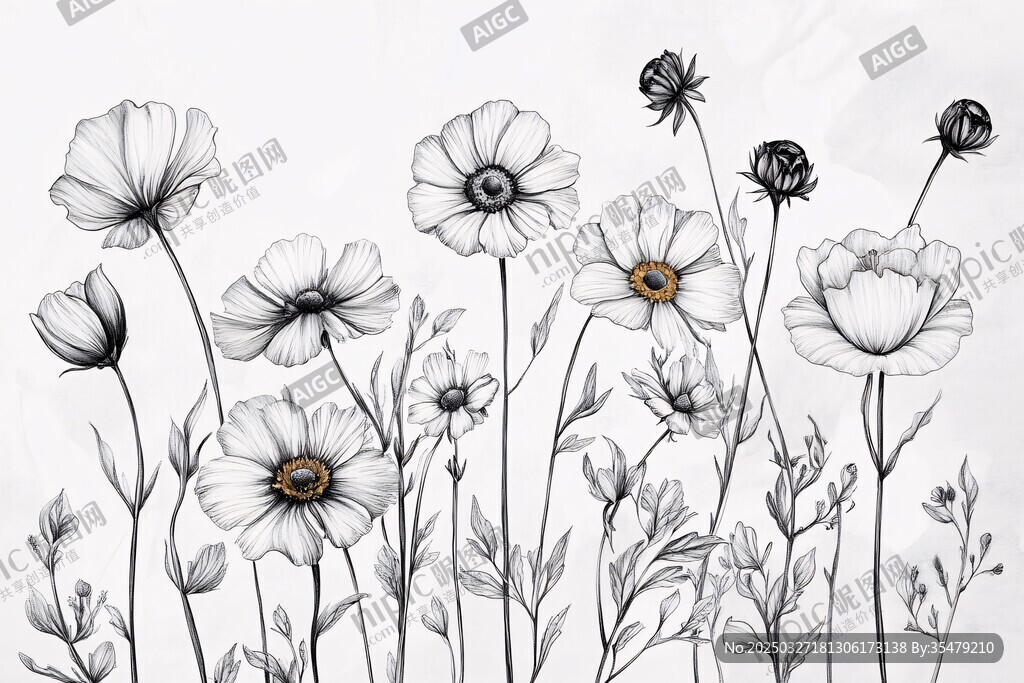 黑白花卉手绘插画
