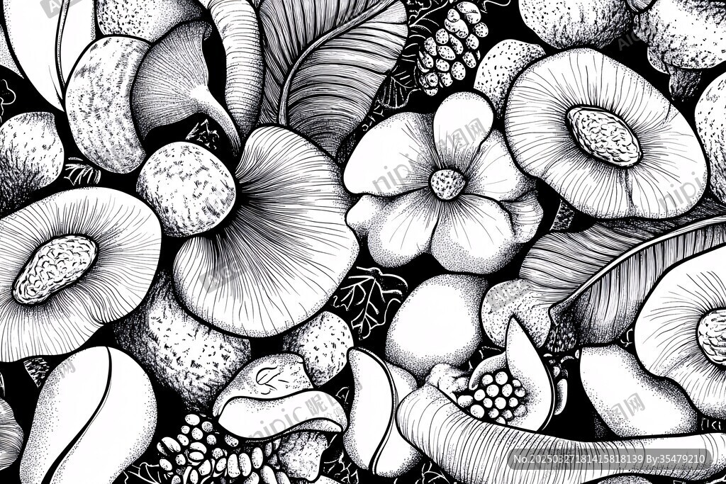 黑白花卉植物线条插画