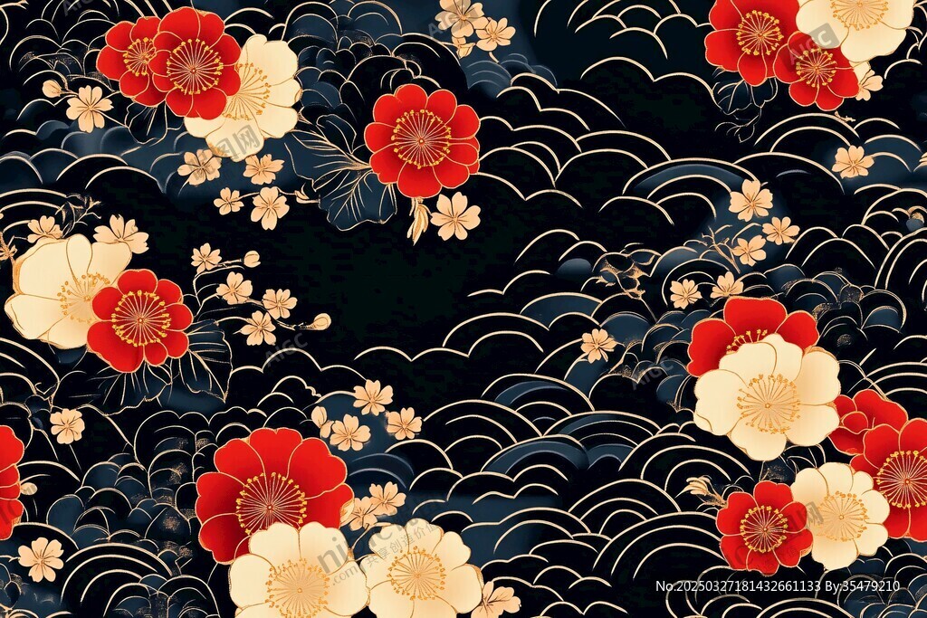 中式花卉海浪纹精美图案