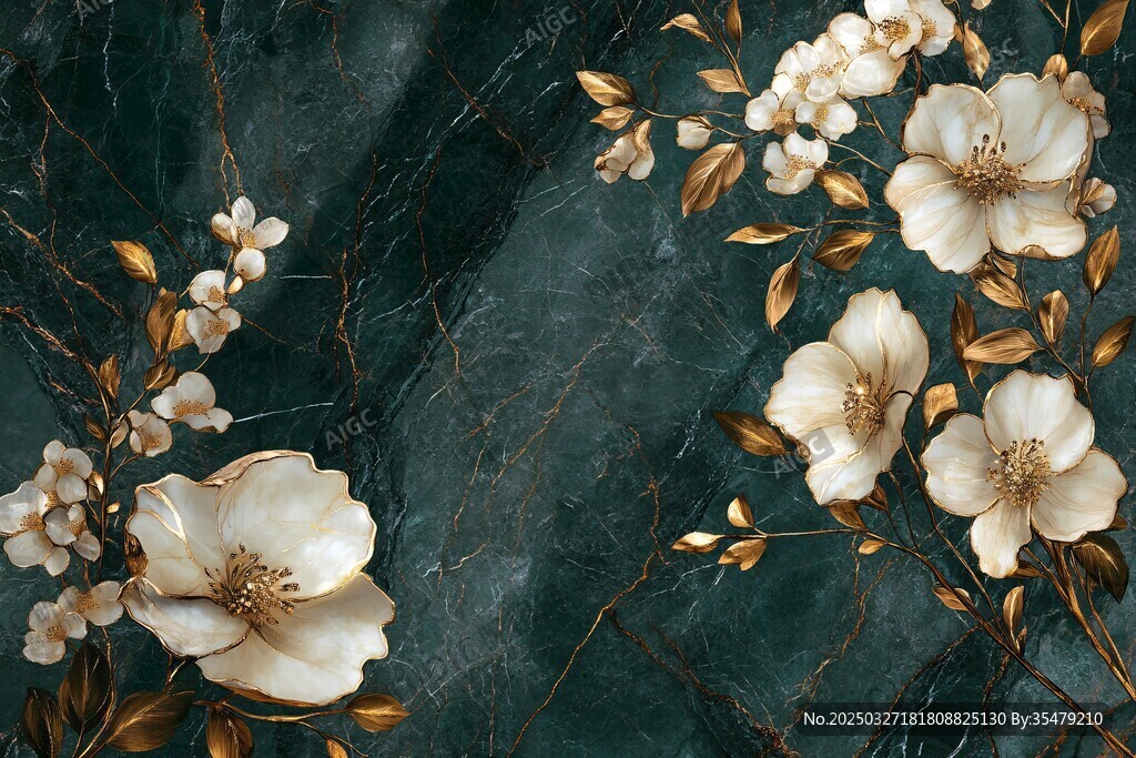 墨绿背景上的金白花卉图案
