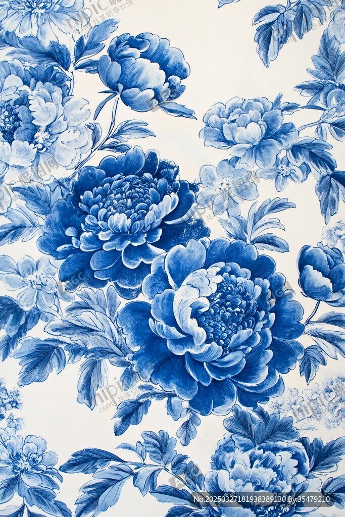 蓝白牡丹花卉图案纹理