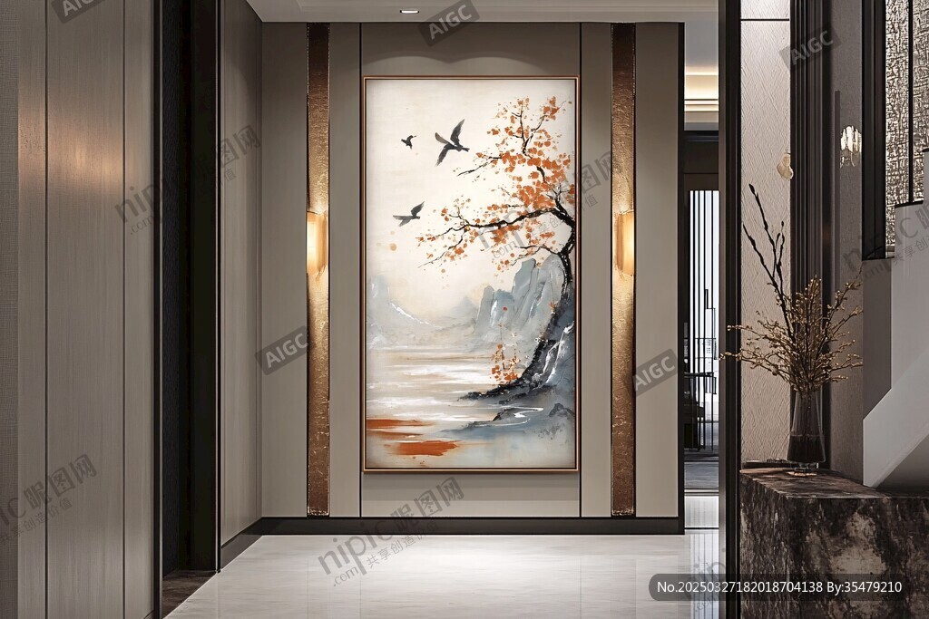 中式玄关诗意花鸟装饰画
