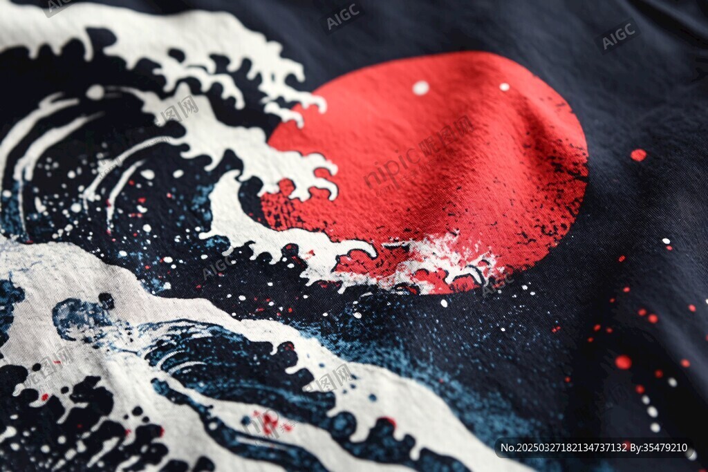 海浪红日图案的个性T恤