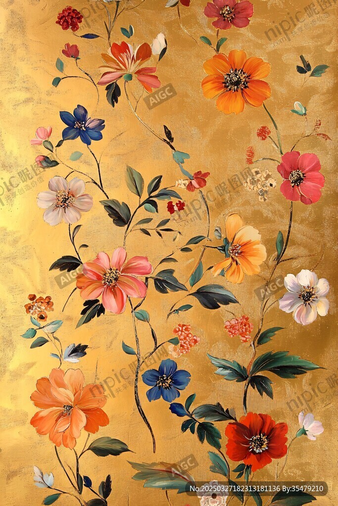 金色底繁花锦簇花卉图案