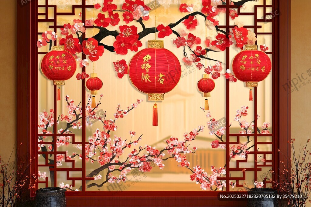 中式新春装饰 灯笼与梅花