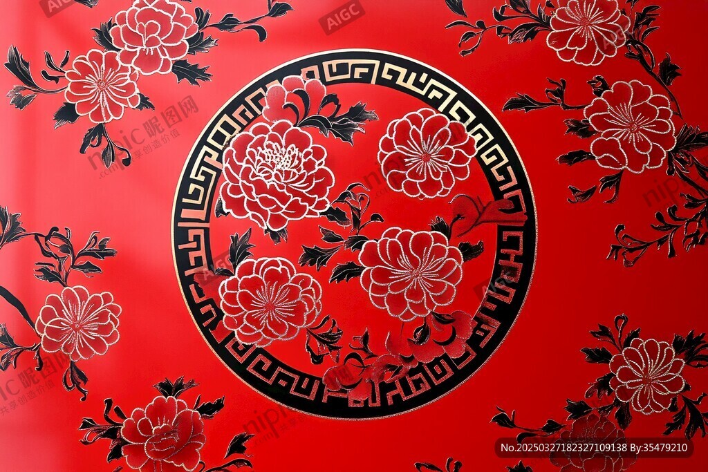 红色中式牡丹花纹饰图案