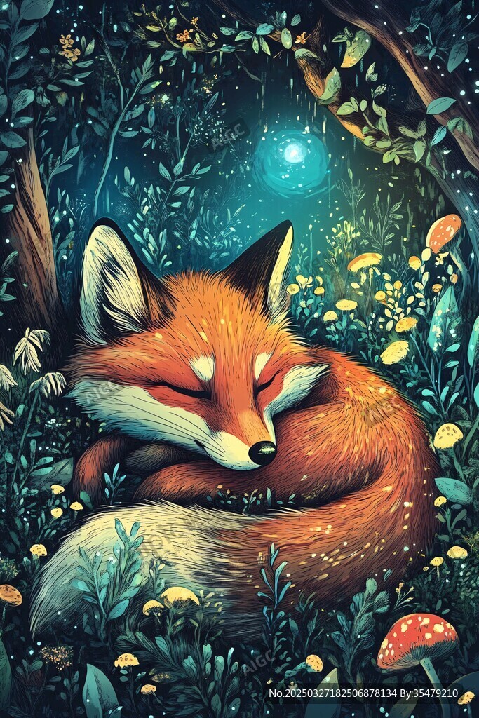 梦幻森林中休憩的红狐狸