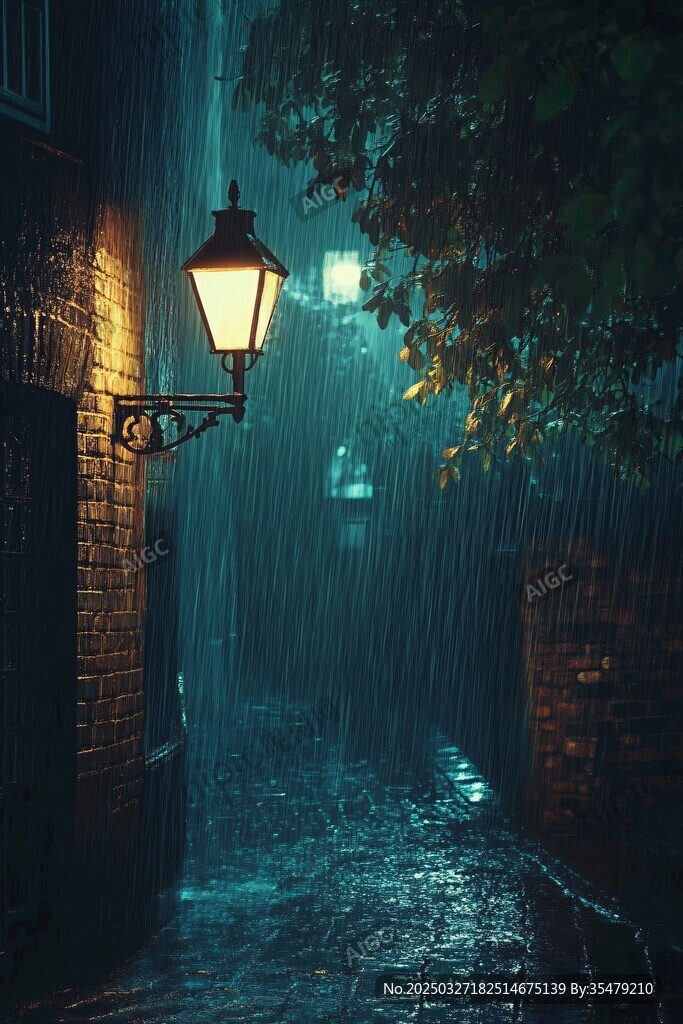 雨夜小巷中的暖光街灯