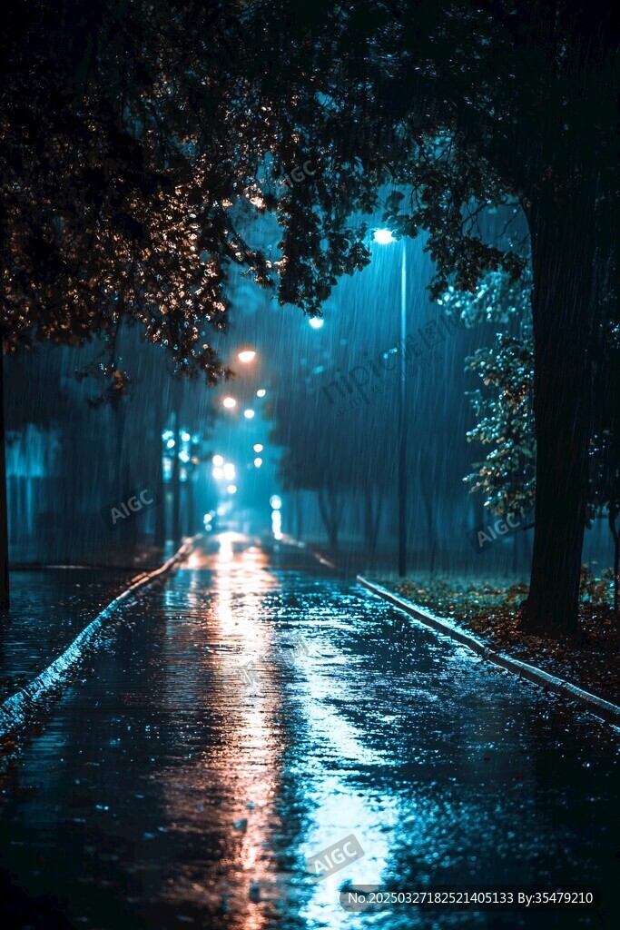 雨夜街道的静谧光影