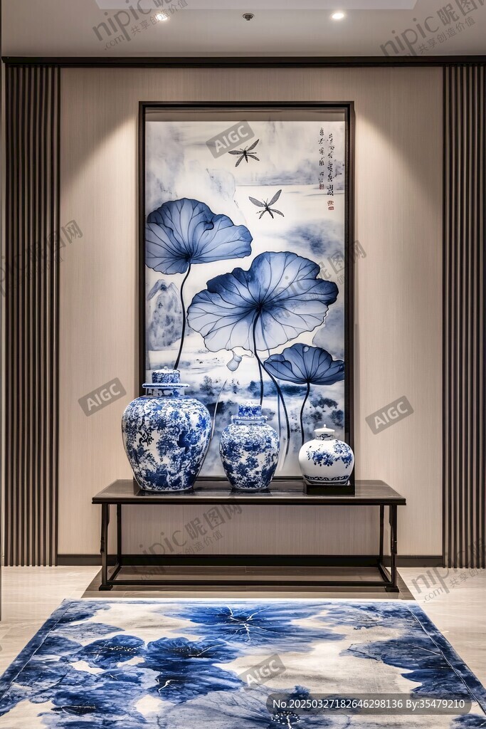 中式厅内蓝白瓷瓶与荷花画