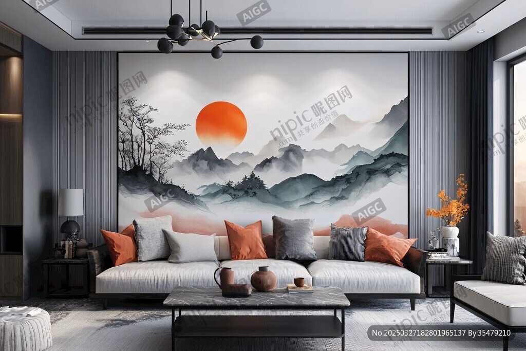 中式客厅 水墨山水壁画之美