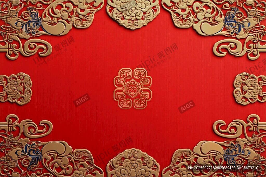 中式红底古典花纹装饰图