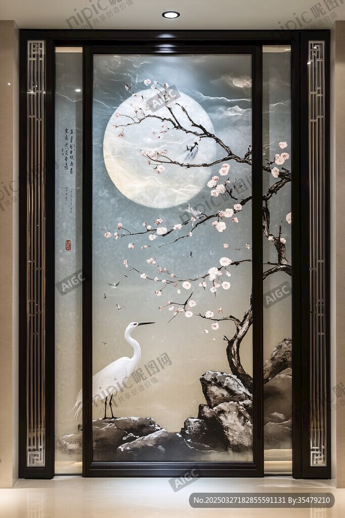 中式花鸟月亮玄关装饰画