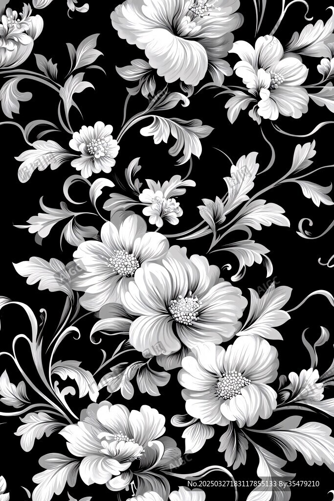 黑白花卉图案无缝背景图