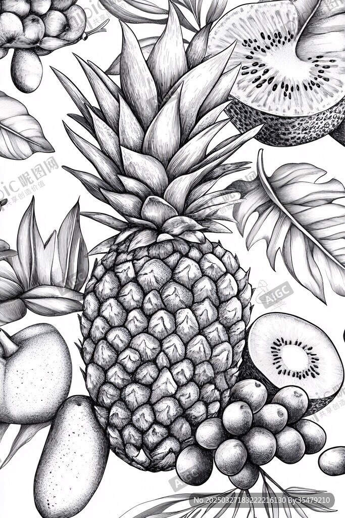 黑白风热带水果插画
