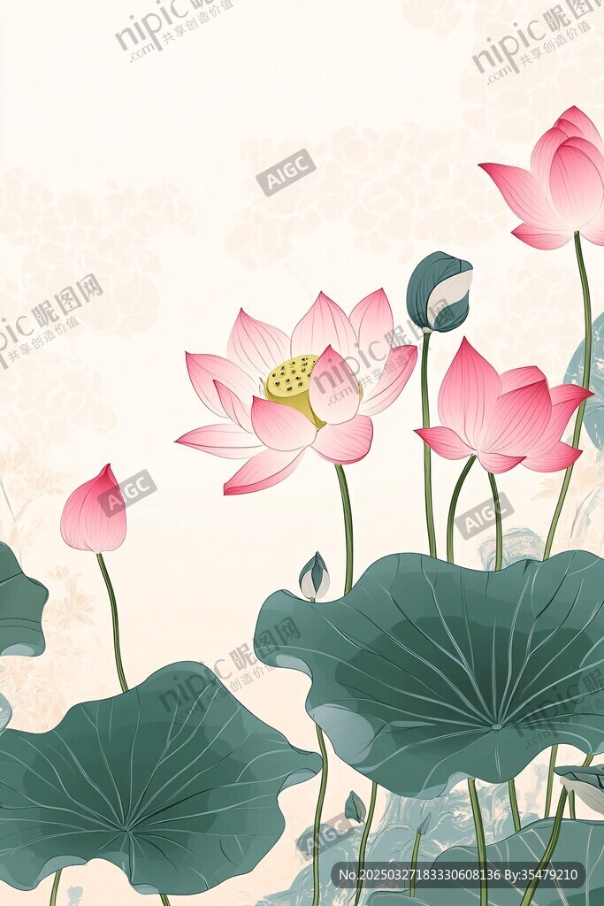 水墨风粉色荷花绽放图