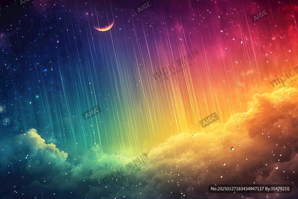梦幻多彩星空与弯弯新月