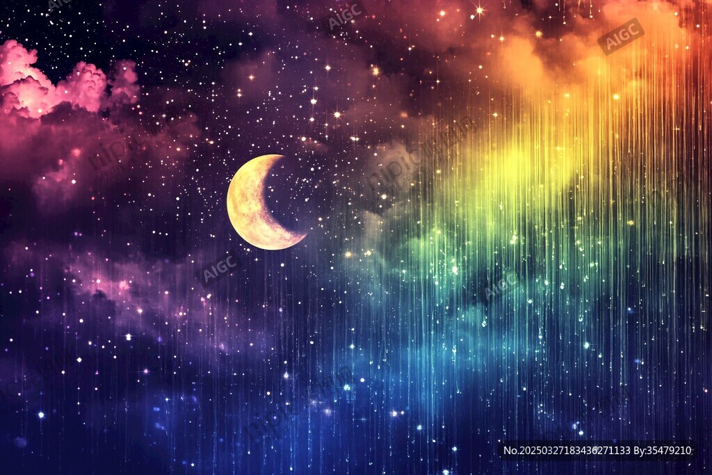 梦幻星空下的新月与彩虹