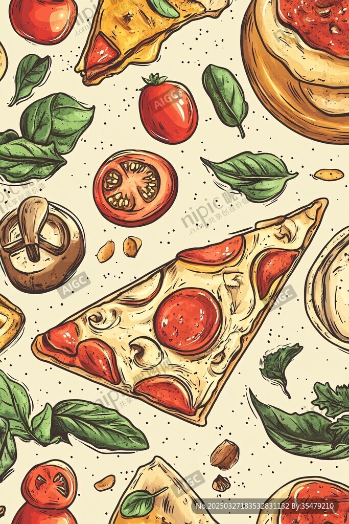 美味披萨与新鲜食材插画