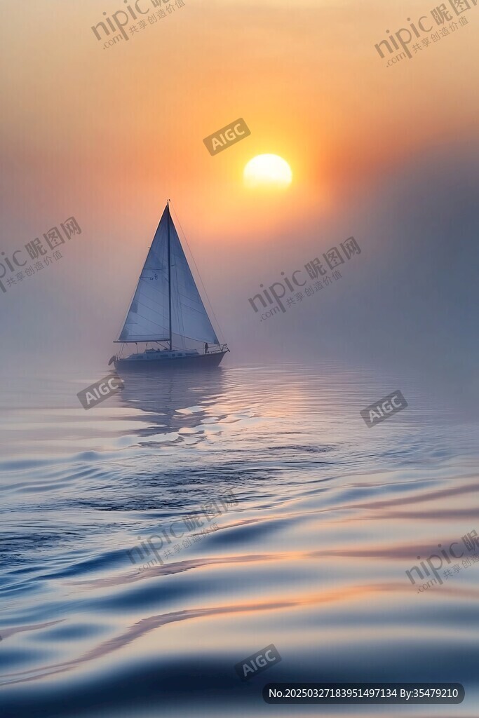 海上帆船迎日出美景