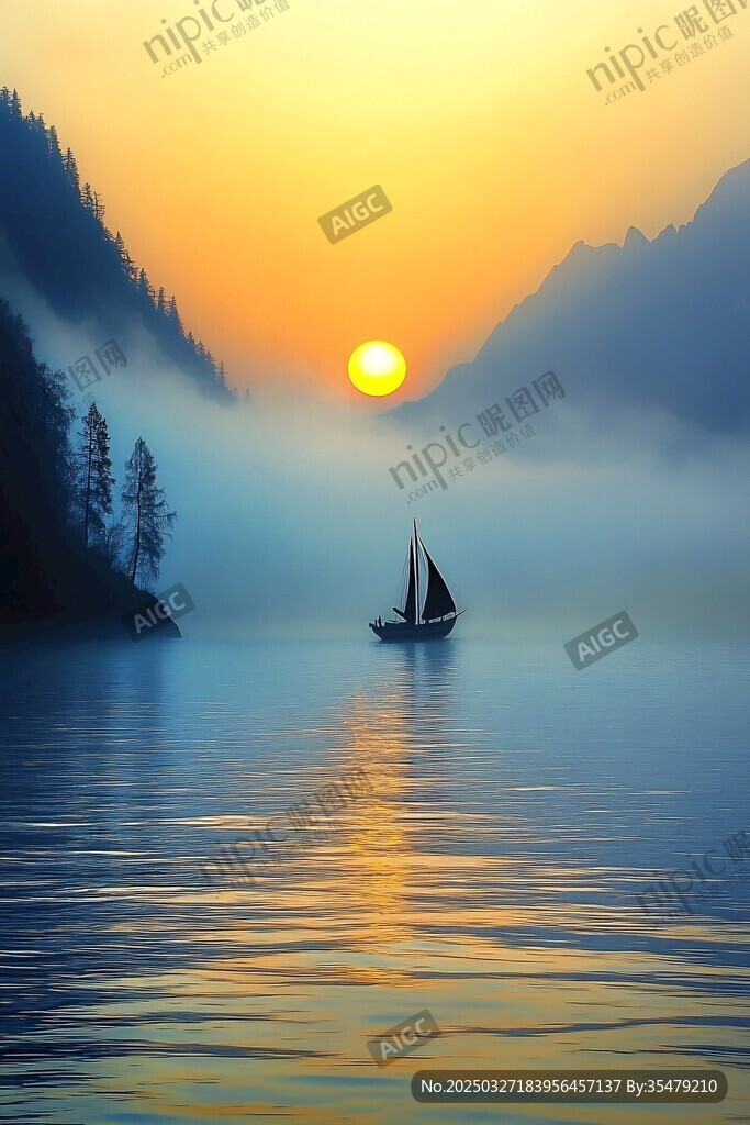 湖上日出帆船景