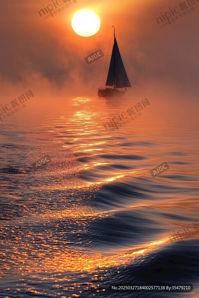 海上日落时的孤帆美景