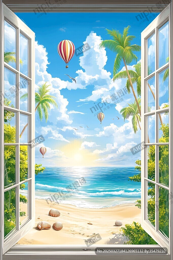 窗外夏日海滩梦幻美景