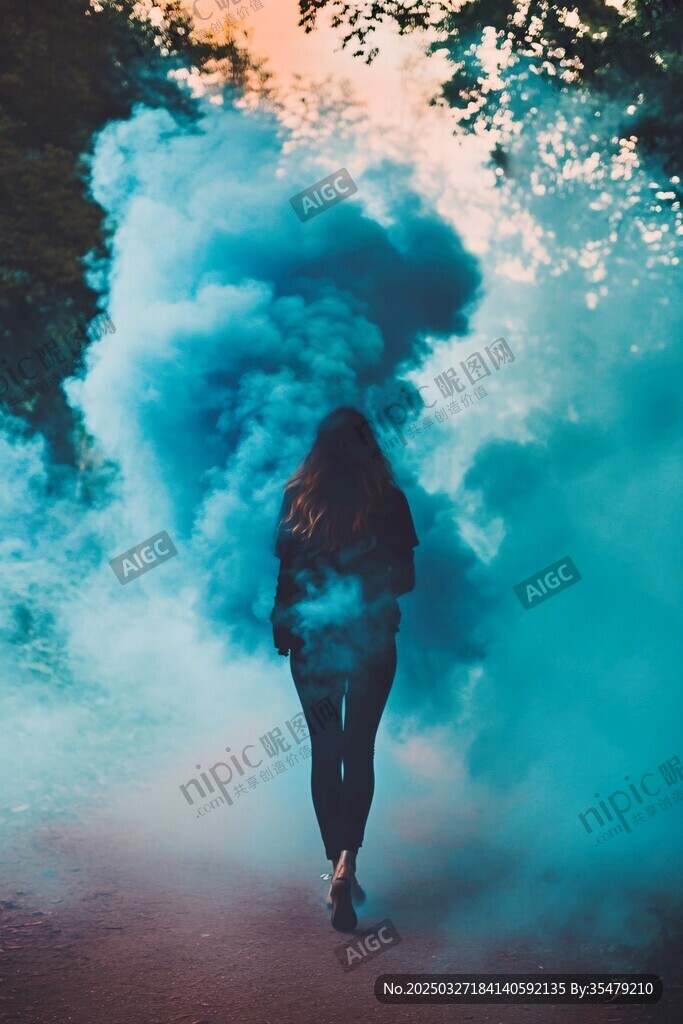 蓝雾中独行的神秘背影
