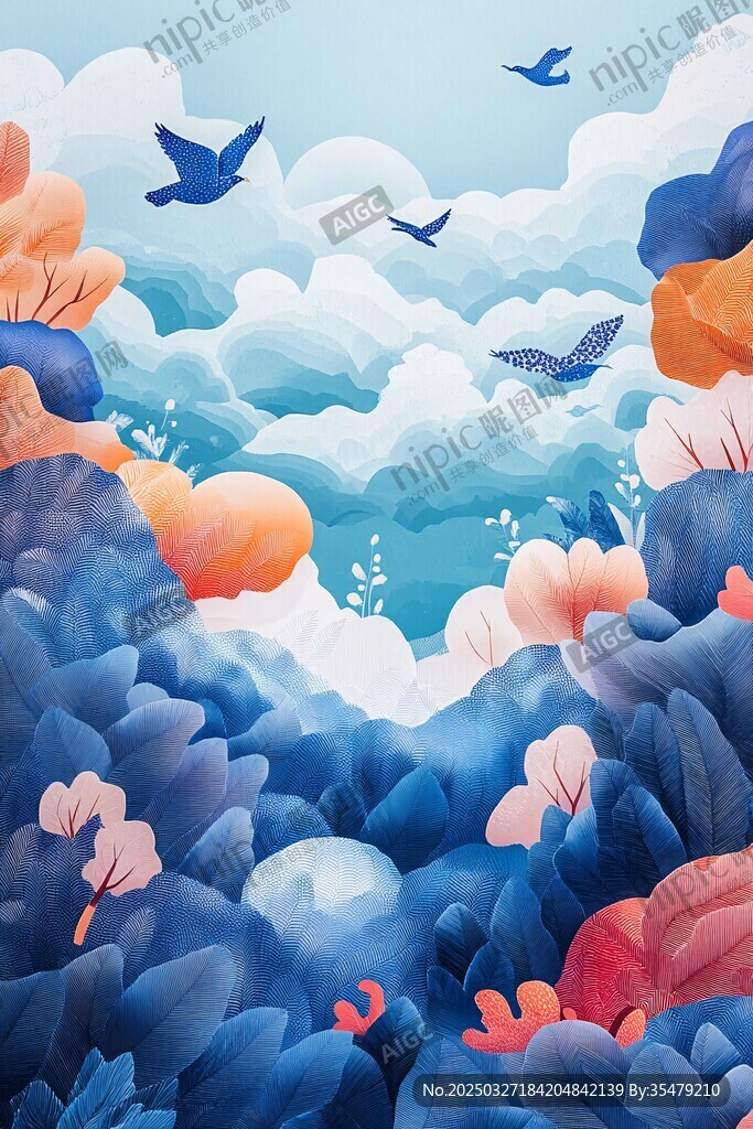 梦幻山林间飞鸟翔游图景