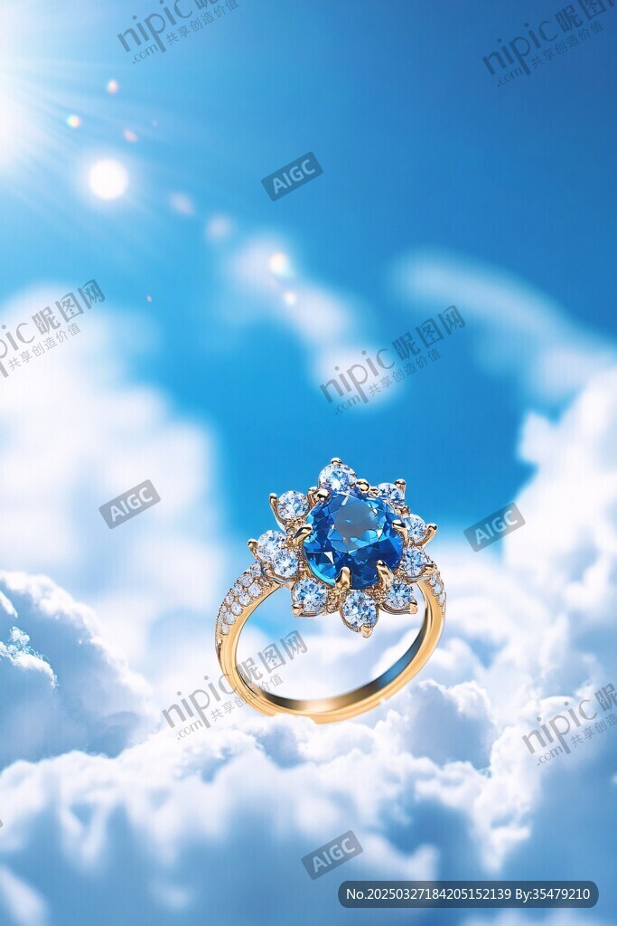 蓝天云海中的璀璨蓝钻戒指