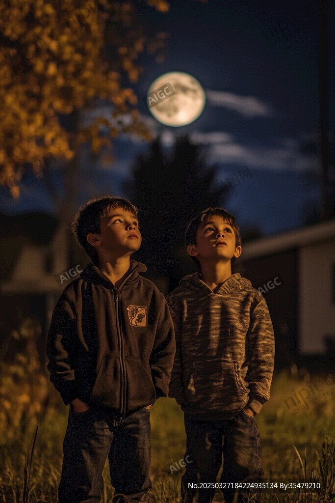 月下孩童仰望夜空