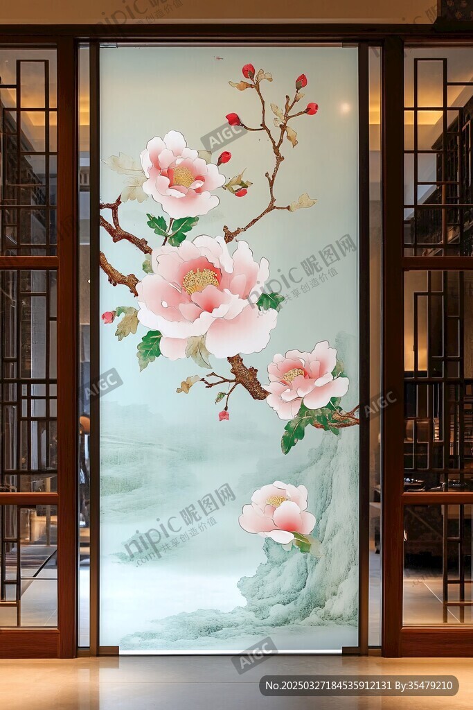 中式牡丹屏风装饰画